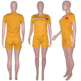 Women Casual Sports Side Stripe Short Sleeve Top+ Shorts Two-piece Set