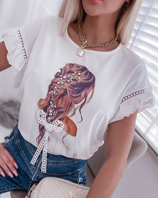 Women Summer Fashion White Character Print Short Sleeve T-Shirt