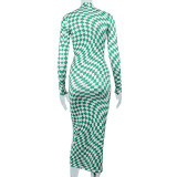 Summer Women's Mid Waist Fashion Print Midi Dress Career Slim Long Sleeve Bodycon Dress