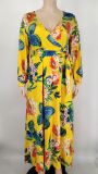 Women'S Sexy V-Neck Floral Printed Plus Size Long Sleeve Slit Maxi Dress