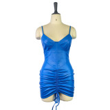 Women Fashion Sexy V-Neck Low Back Drawstring Bodycon Dress Pu Leather Slip Dress
