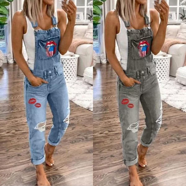 Flag Sports Straps Ripped Denim Jumpsuit Women's Casual