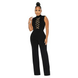Women'S Sexy Solid Color Sleeveless Stand Collar Round Neck One Piece Jumpsuit