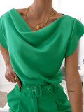 Summer solid color simple short-sleeved swing-neck ladies shirt top women