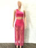 Summer Women sexy SlashShoulder sleeveless Crop top + fringed dress two-piece