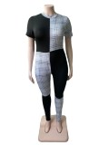 Plaid Positioning Print Plus Size Women'S Clothing Summer Short Sleeve Slim Jumpsuit