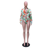 Summer Print Two Piece Bikini Swimsuit With Suncreen Shirt Set