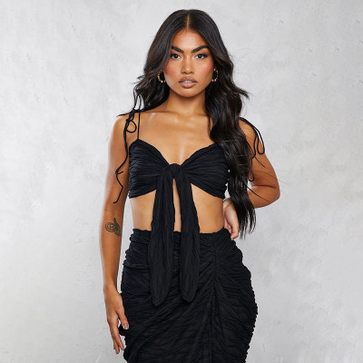 Women summer solid mesh pleated sexy Crop Top + long skirt two-piece set