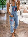 Flag Sports Straps Ripped Denim Jumpsuit Women's Casual