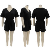 Summer Women's Solid Color V-Neck Short Sleeve Jumpsuit