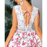 Women deep V-neck sleeveless lace cutout bow print maxi dress