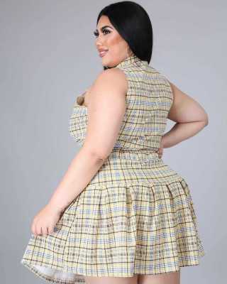 Plus Size Women's Plaid Print Zip Pleated Two-Piece Dress