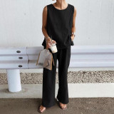 Women Summer Casual Loose Sleeveless Slit Solid Color Vest + Pants Two-piece Set