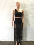 Summer Women sexy SlashShoulder sleeveless Crop top + fringed dress two-piece