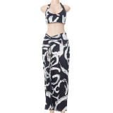 Women Summer Printed Halter Neck Tie Backless Crop Top+Pleated Maxi Dress Casual Two Piece