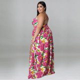 Plus Size Women'S Summer Sexy Floral Printing Straps Backless Slit Maxi Dress