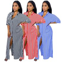 Women's Summer Striped Short Sleeve Shirt Loose Dress