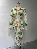 Summer Print Turndown Collar Long Sleeve High Waist Single Breasted Maxi Shirt Dress