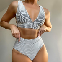 Women Striped Print backless Sexy High Waist Bikini Swimwear
