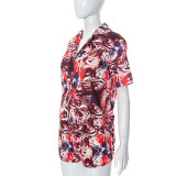 Women Summer Button Short Sleeve Flower Shirt + Shorts Two Piece Set
