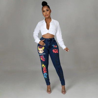 Women Fashion Print Skinny Jeans