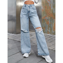 Women Fashion Ripped High Waist Wide Leg Pants Casual Denim Pants Trendy