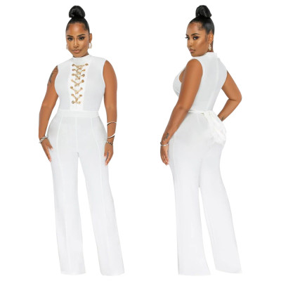 Women'S Sexy Solid Color Sleeveless Stand Collar Round Neck One Piece Jumpsuit