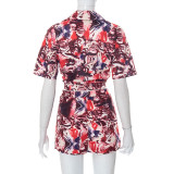 Women Summer Button Short Sleeve Flower Shirt + Shorts Two Piece Set