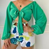 Women lace-up v-neck long-sleeved plain shirt + printed Shorts two-piece set