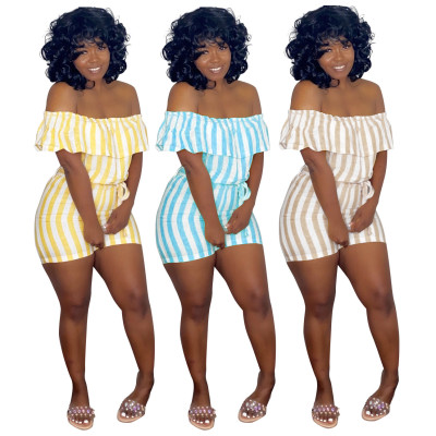 Women's Solid Striped Print Ruffle Shoulder Waist Jumpsuit