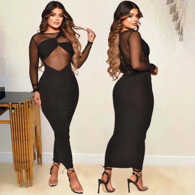 Women's Sexy Tight Fitting Mesh See-Through Solid Color Long Sleeve Dress