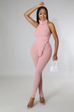 Women solid turtleneck backless sexy sleeveless Top+pant two-piece suit