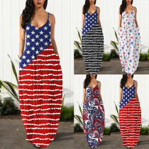 Summer Women'S Plus Size American Flag Print Sleeveless Strap Loose Casual Long Dress