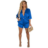Women'S Clothing Solid Color Single Breasted Short Sleeve Shirtshorts Loose Casual Two Piece Set