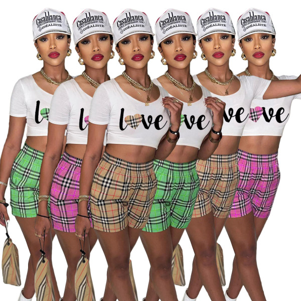 Letter Two Piece Printed Plaid Two Piece Shorts Set Women'S Clothing