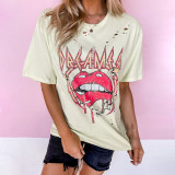 Summer Lips Letter Print Short Sleeve Ripped Loose Casual T-Shirt Women
