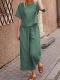 Women Casual loose solid color short-sleeved top + Pant two-piece set