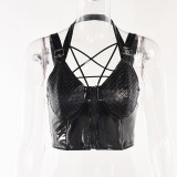 Summer Leather Pentagram Lace-Up Deep V Zipper Sling Tank Top Women