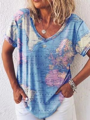 Women'S Map Print V-Neck Loose Short Sleeve T-Shirt
