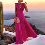 Summer women's fashion trend v-neck sleeveless long skirt high waist dress
