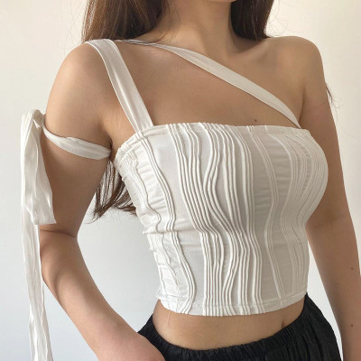 Wavy Strapless Lace-Up Halter Neck Top Women's Summer Sexy Chic T-Shirt