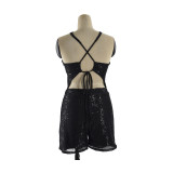 womens sexy Hater neck sequins one-piece shorts