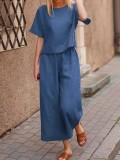 Women Casual loose solid color short-sleeved top + Pant two-piece set