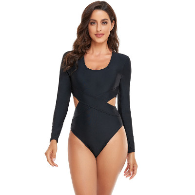 Women Solid Hollow Out Long Sleeve Sunscreen One Piece Swimwear Surf Suit