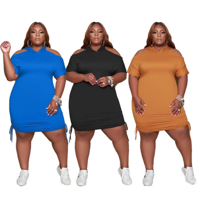 Plus Size Women's Drawstring Sexy Dress Off Shoulder Fashion Short Sleeve Mid Dress