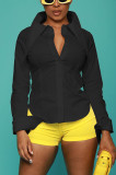 Women's Solid Style Long Turndown Colloar Button-Up Shirt Top