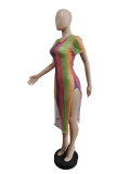 Women's Printed Striped Short Sleeve Dress with Side Splits