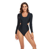 Women Solid Hollow Out Long Sleeve Sunscreen One Piece Swimwear Surf Suit