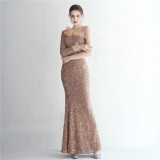 Women Sequin Craft Yarn One Shoulder Long Sleeve Sequin Long Fishtail Evening Dress