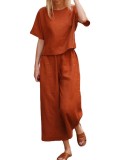 Women Casual loose solid color short-sleeved top + Pant two-piece set